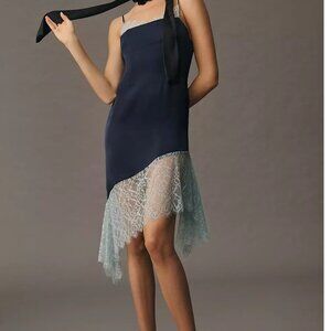 NWT Anthropologie Navy Blue Lace-Trimmed Asymmetrical Dress 14